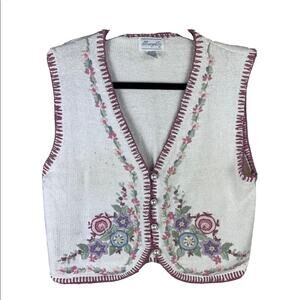 Margules Knit Embroidered Floral Sweater Vest Cottagecore Ramie Cotton Vintage L